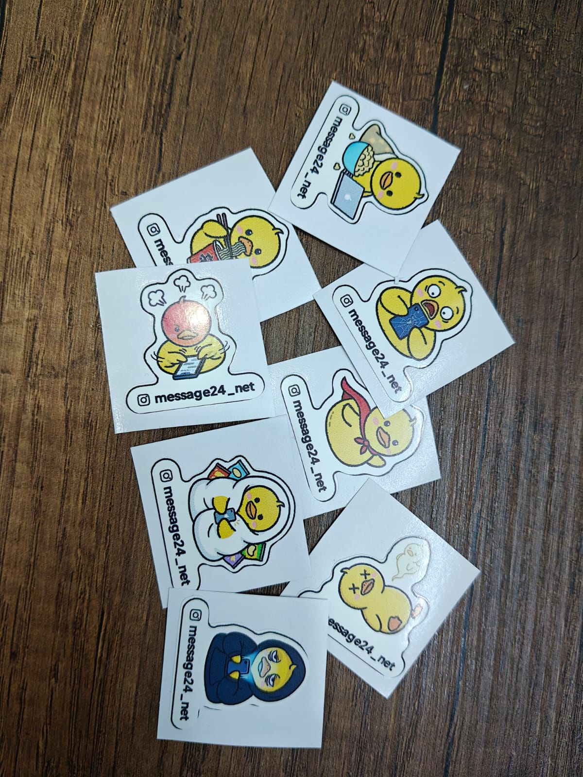 The vinyl stickers of our duck mascot, each with our instagram handle